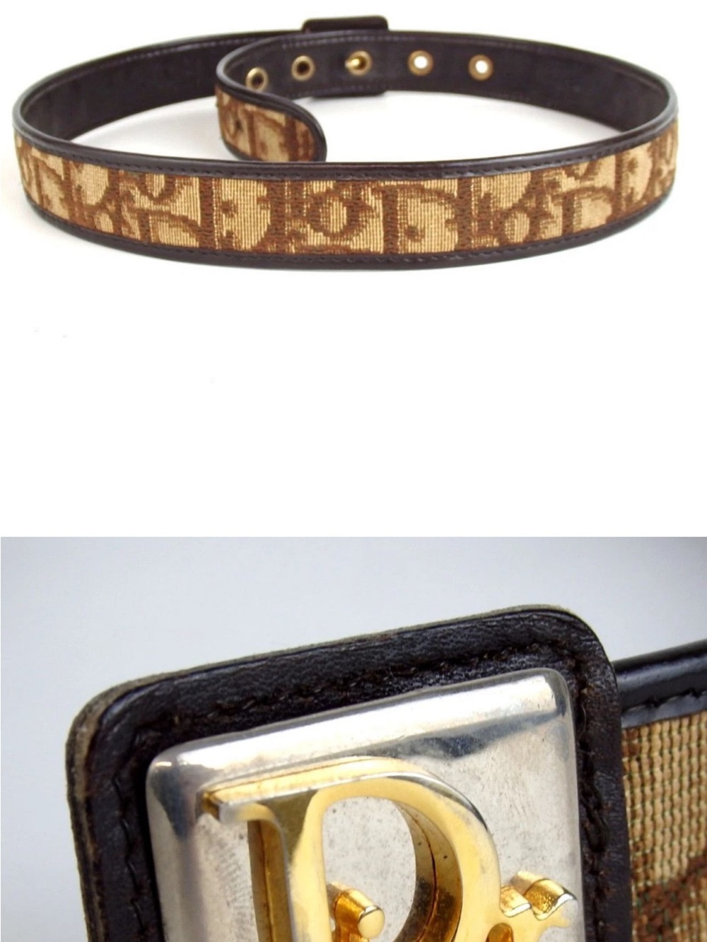 Dior Tan & Brown Monogram Slim Belt with Gold 'D' Buckle